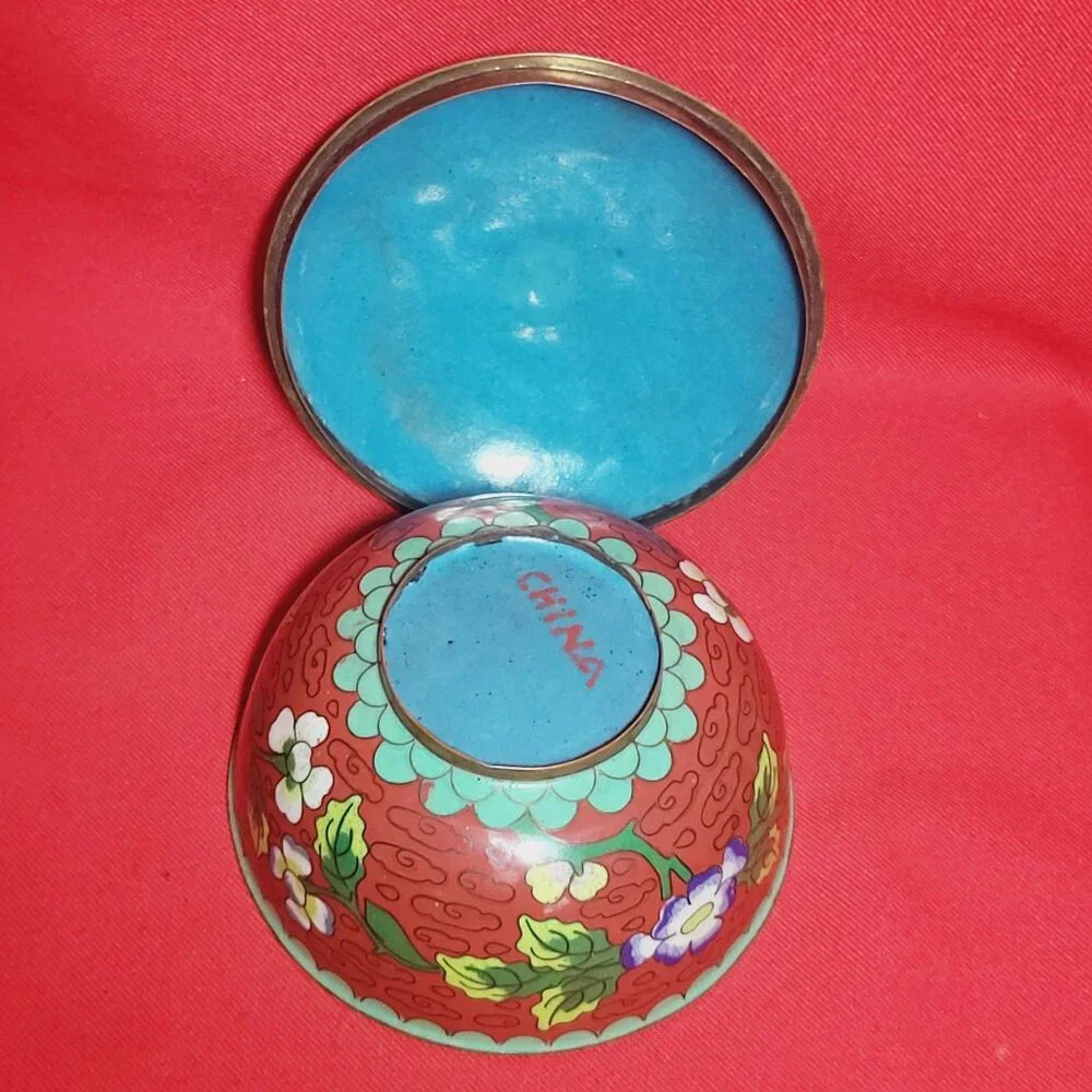 Vintage Cloisonné Brass Bowl With Lid Covered Red Dish